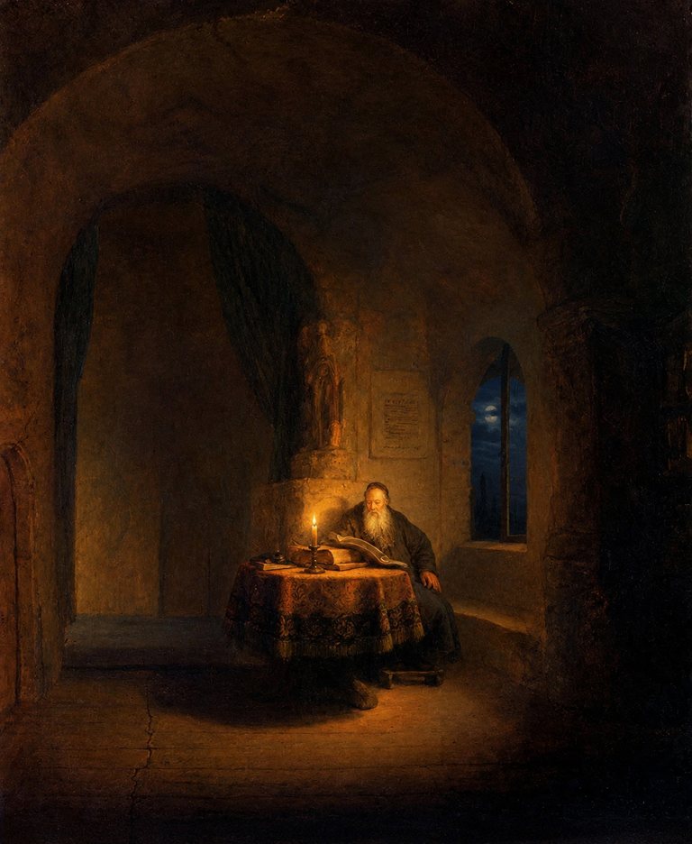 An oil painting of a scholar reading by candlelight.